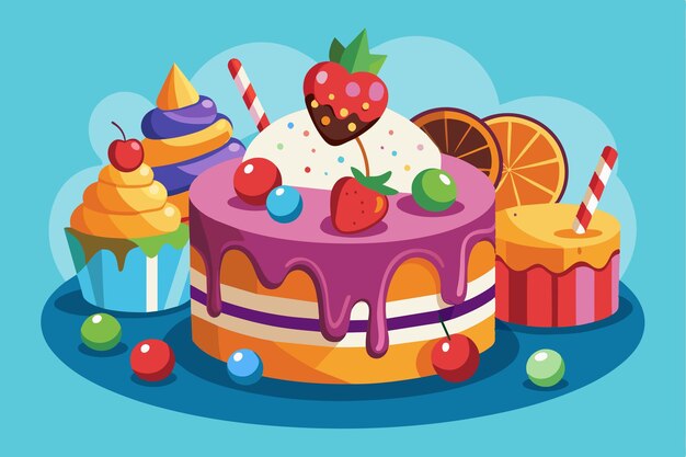 Vector a vibrant ice cream cake is decorated with cherries strawberries and surrounded by playful cupcakes ice cream cake customizable disproportionate illustration