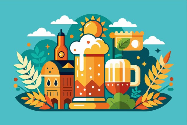 Vector a vibrant illustration of beer mugs greenery and landmarks celebrating international beer day festivities international beer day customizable semi flat illustration