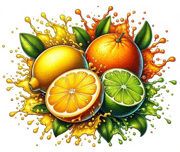 Vibrant Illustration of Citrus Fruits with Juice Splashes