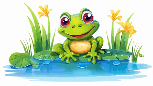 Vector vibrant illustration of frog among colorful fishes in a lively river