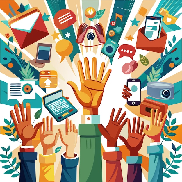 Vibrant illustration of hands reaching for various digital devices