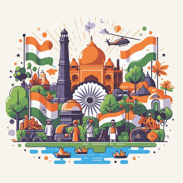 Vibrant Illustration of Iconic Indian Landmarks and People Celebrating