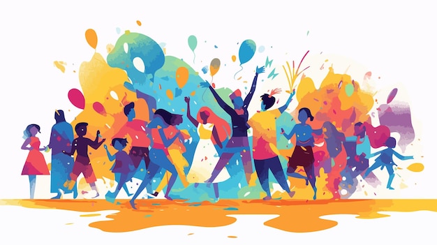 Vector vibrant illustration of indian people celebrating with colors