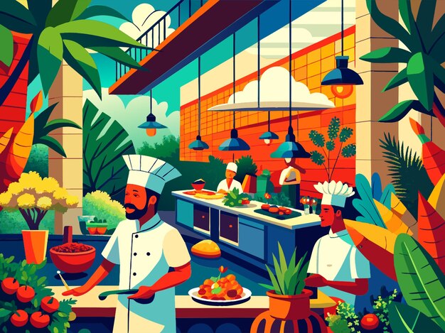 Vector a vibrant illustration of a mexican kitchen with chefs cooking up a storm of traditional dishes