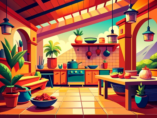 Vector a vibrant illustration of a mexican kitchen with pots bubbling over with delicious dishes vector