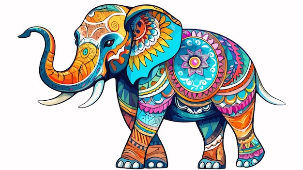 Vector vibrant indian elephant doodle illustration on white background