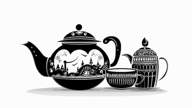 Vibrant Indian Kitsch Art Kettle and Clay Illustration