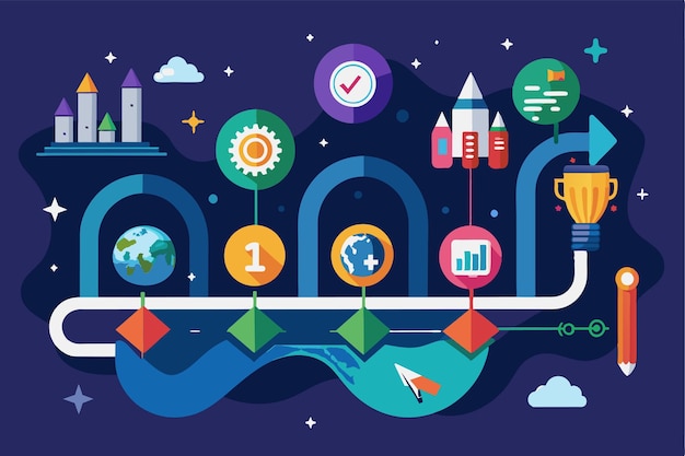 Vector a vibrant infographic showcasing customizable milestones for business projects featuring various icons and elements milestones of business projects customizable disproportionate illustration