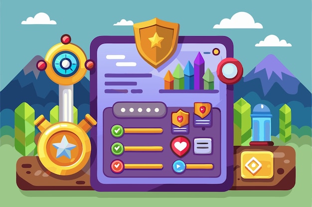 Vector a vibrant interface for a mobile game features badges icons and a progress tracker set against a playful landscape interface for games mobile programs and applications