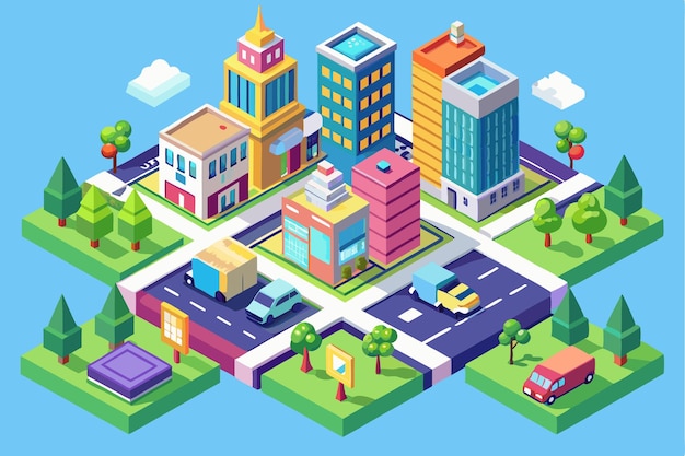 A vibrant isometric city with multiple buildings roads and vehicles surrounded by greenery and clouds isometric city and road flat design