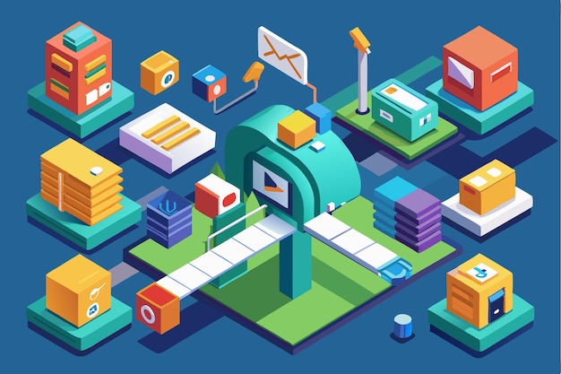 Vector a vibrant isometric design depicting a mail delivery system with various packages and a mailbox setup mail customizable isometric illustration