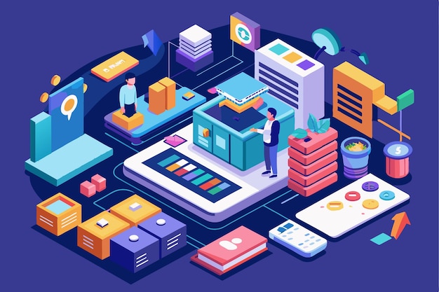 A vibrant isometric design illustrating customizable UIUX elements in a modern workspace setup Uiux design Customizable Isometric Illustration