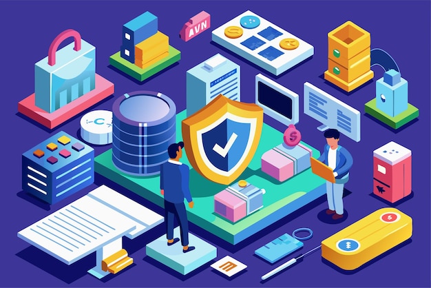 A vibrant isometric illustration depicting various security tools and customizable options in a digital setup Security Customizable Isometric Illustration