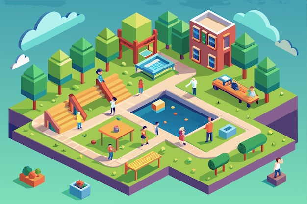 Vector a vibrant isometric illustration features people enjoying various activities in a customizable recreational area recess customizable isometric illustration