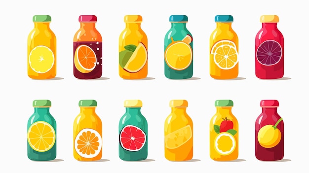 Vibrant Juice Icons on White Background with Juice Bottle