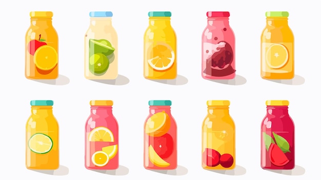 Vibrant Juice Icons on White Background with Juice Bottle