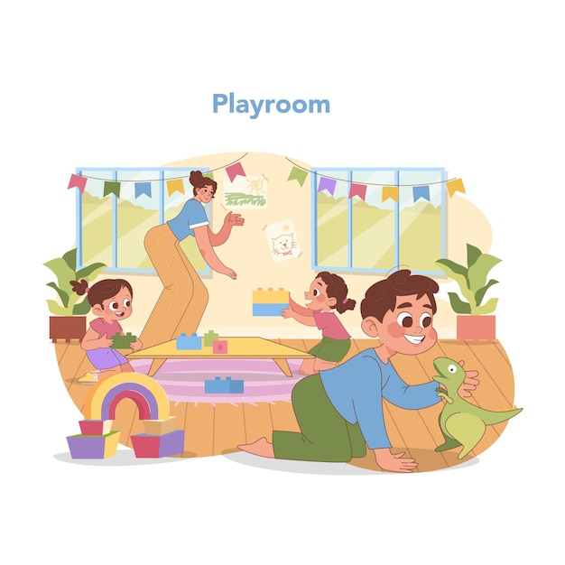 Vector vibrant kindergarten playroom excited children engage with toys and building blocks fostering