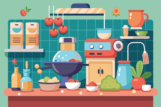 Vector in a vibrant kitchen a kitchen machine is set up surrounded by various fresh ingredients ready to use preparation at kitchen electronic machine for homemade dishes