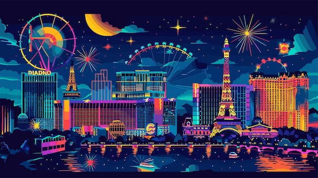 Vector vibrant las vegas skyline at night with fireworks and neon lights