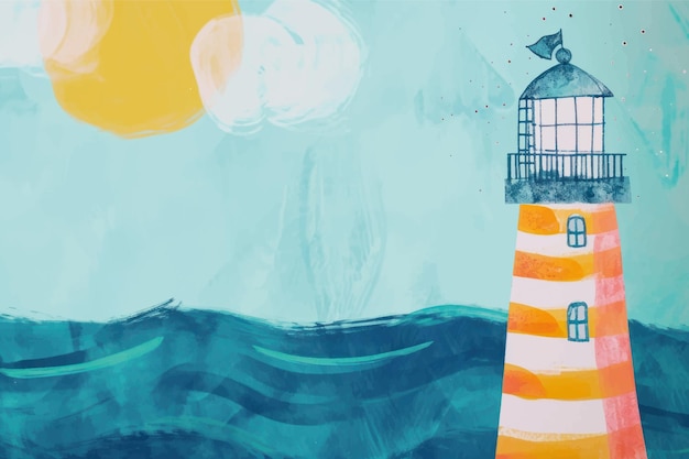 Vector vibrant lighthouse painting with ocean