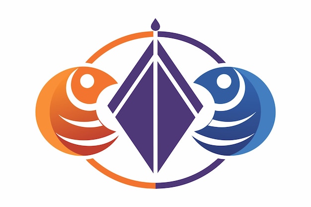 Vector a vibrant logo design featuring two symmetrical fish in orange and blue colors surrounding a central diamond shape showcasing creativity and harmony