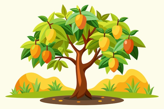 Vector a vibrant mango tree adorned with ripe mangoes surrounded by lush greenery and gentle hills mango tree customizable flat illustration