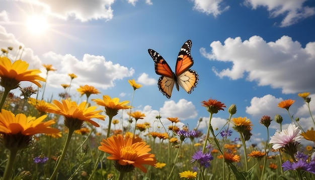 Vector vibrant meadow with colorful wildflowers and a monarch butterfly in flight under a sunny sky with fluffy white clouds