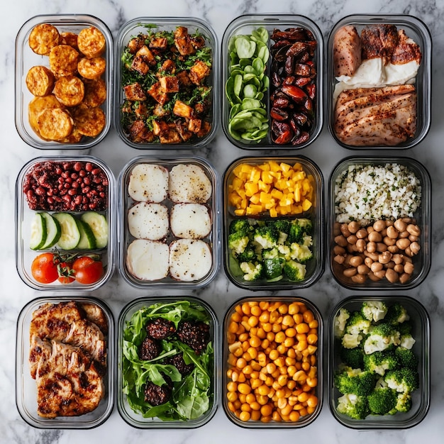 Vector vibrant meal prep a colorful array of nutritious foods in perfectly portioned storage containers