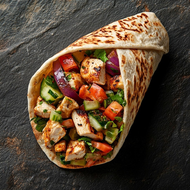 Vibrant Mediterranean Pita Wrap Grilled Chicken and Fresh Vegetables in a Warm Flatbread Embrace