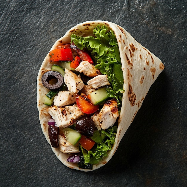 Vector vibrant mediterranean pita wrap grilled chicken and fresh vegetables in a warm flatbread embrace