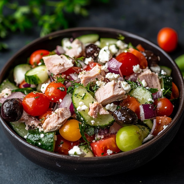 Vector vibrant mediterranean salad a colorful bowl of fresh vegetables tuna and feta cheese delight