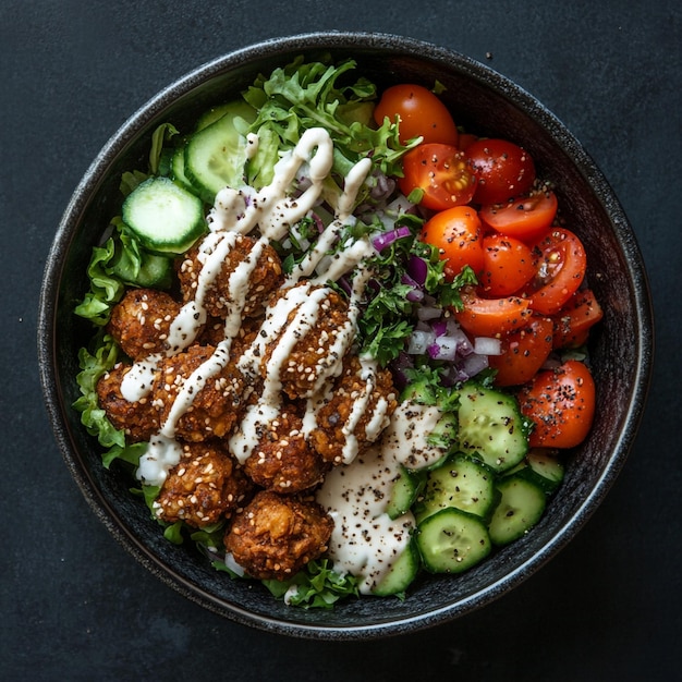 Vector vibrant mediterraneaninspired bowl a colorful array of falafel veggies and creamy tahini dressing