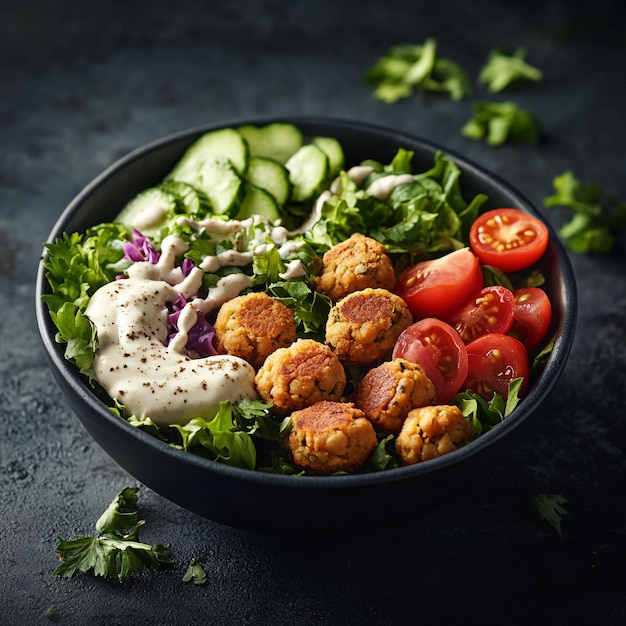 Vibrant MediterraneanInspired Bowl A Colorful Array of Falafel Veggies and Creamy Tahini Dressing