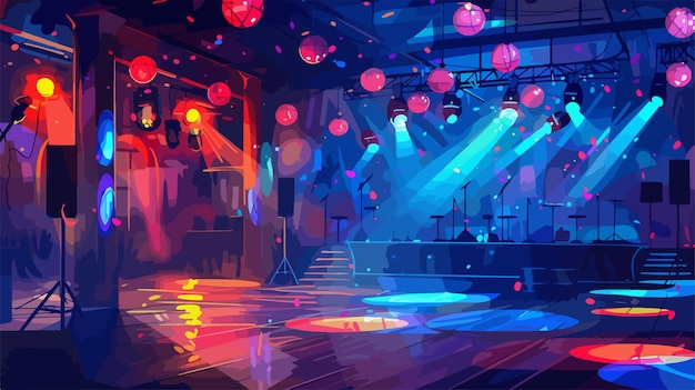 Vector vibrant night club lights illuminating scene mixed media flat vector isolated image