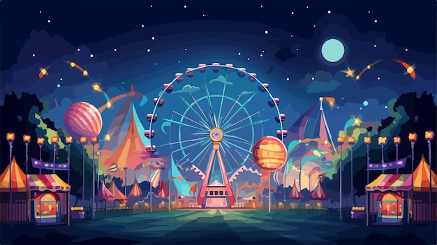 Vector vibrant night fairground funfair carnival amusement park at night