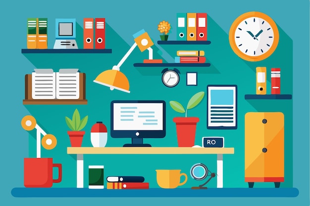 A vibrant office space shows a desk with a computer plants books and organizational tools in a bright setting In the office Customizable Flat Illustration