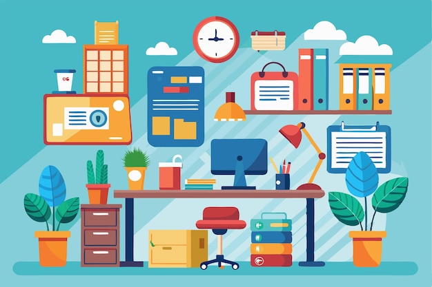 A vibrant office workspace featuring a desk computer plants and various management supplies for productivity Customizable flat illustration for office management