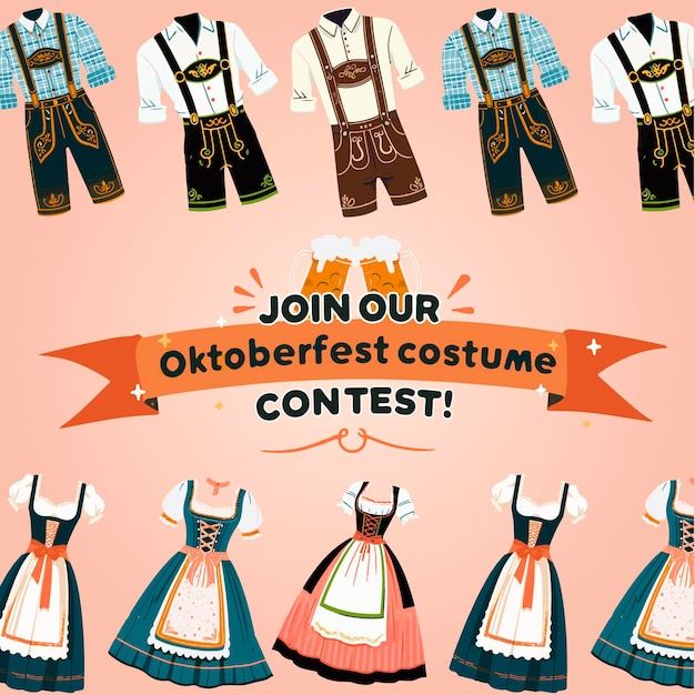 Vector vibrant oktoberfest costume contest flyer with traditional bavarian attire