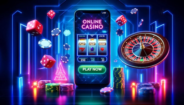 Vibrant online casino scene with smartphone chips dice