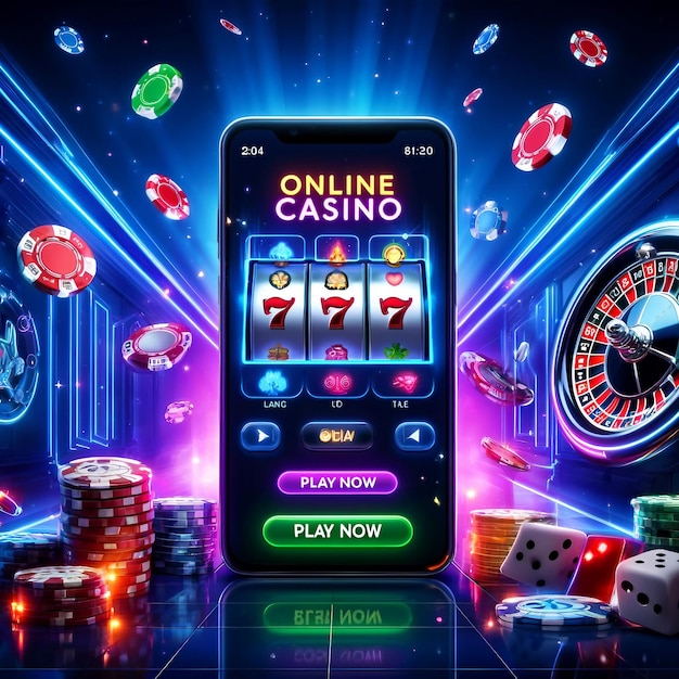 Vibrant online casino scene with smartphone chips dice