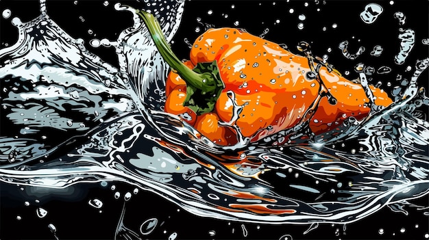 Vector vibrant orange paprika in water splashes on black background