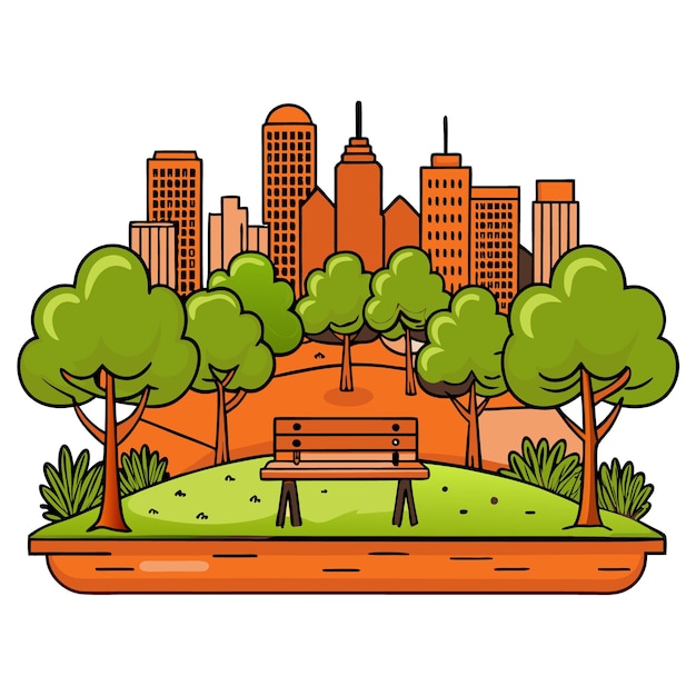 A vibrant park scene with trees and a city skyline backdrop