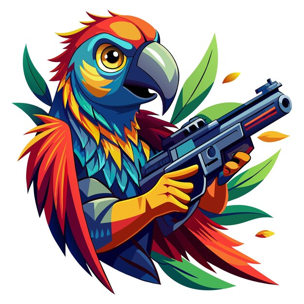 Vector a vibrant parrot holding a sleek gun capturing the juxtaposition of nature and weaponry