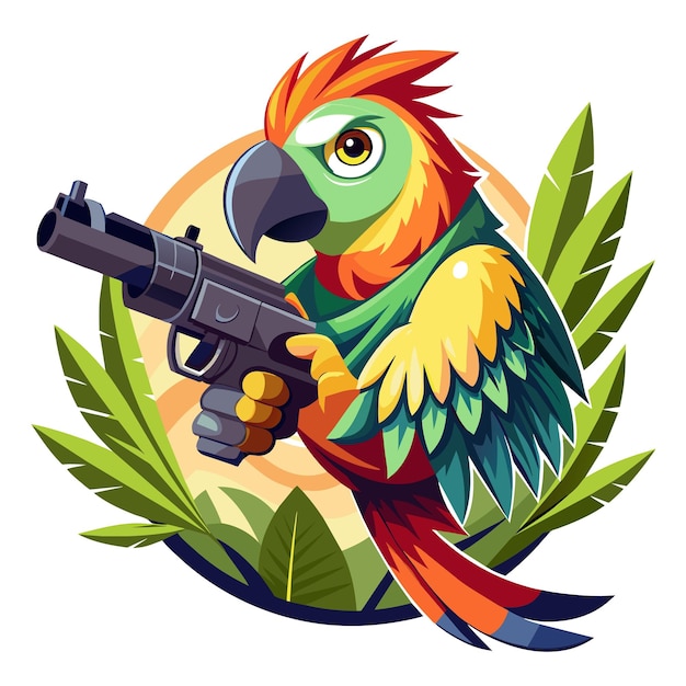 a vibrant parrot holding a sleek gun capturing the juxtaposition of nature and weaponry