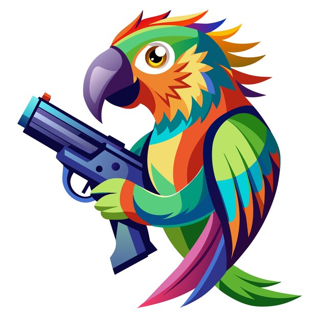 Vector a vibrant parrot holding a sleek gun capturing the juxtaposition of nature and weaponry