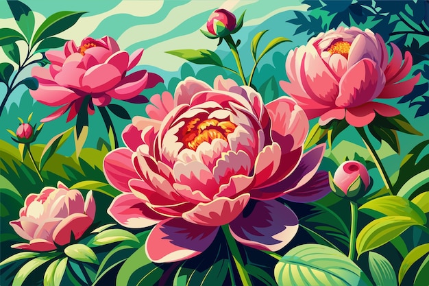 Vibrant pink peonies blooming in a gardenIllustration