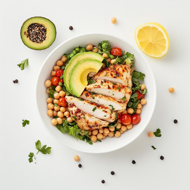 Vector vibrant proteinpacked bowl grilled chicken avocado and chickpea medley with fresh herbs and veggies