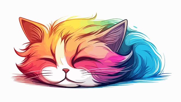 Vector vibrant rainbow gradient cartoon sleepy cat line drawing