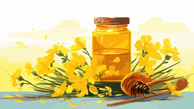 Vibrant Rapeseed Canola Oil Honey and Bee in Flight