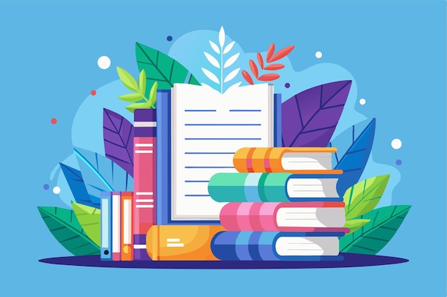 A vibrant reading list is shown with books stacked nearby surrounded by colorful leaves and plants Reading list Customizable Semi Flat Illustration